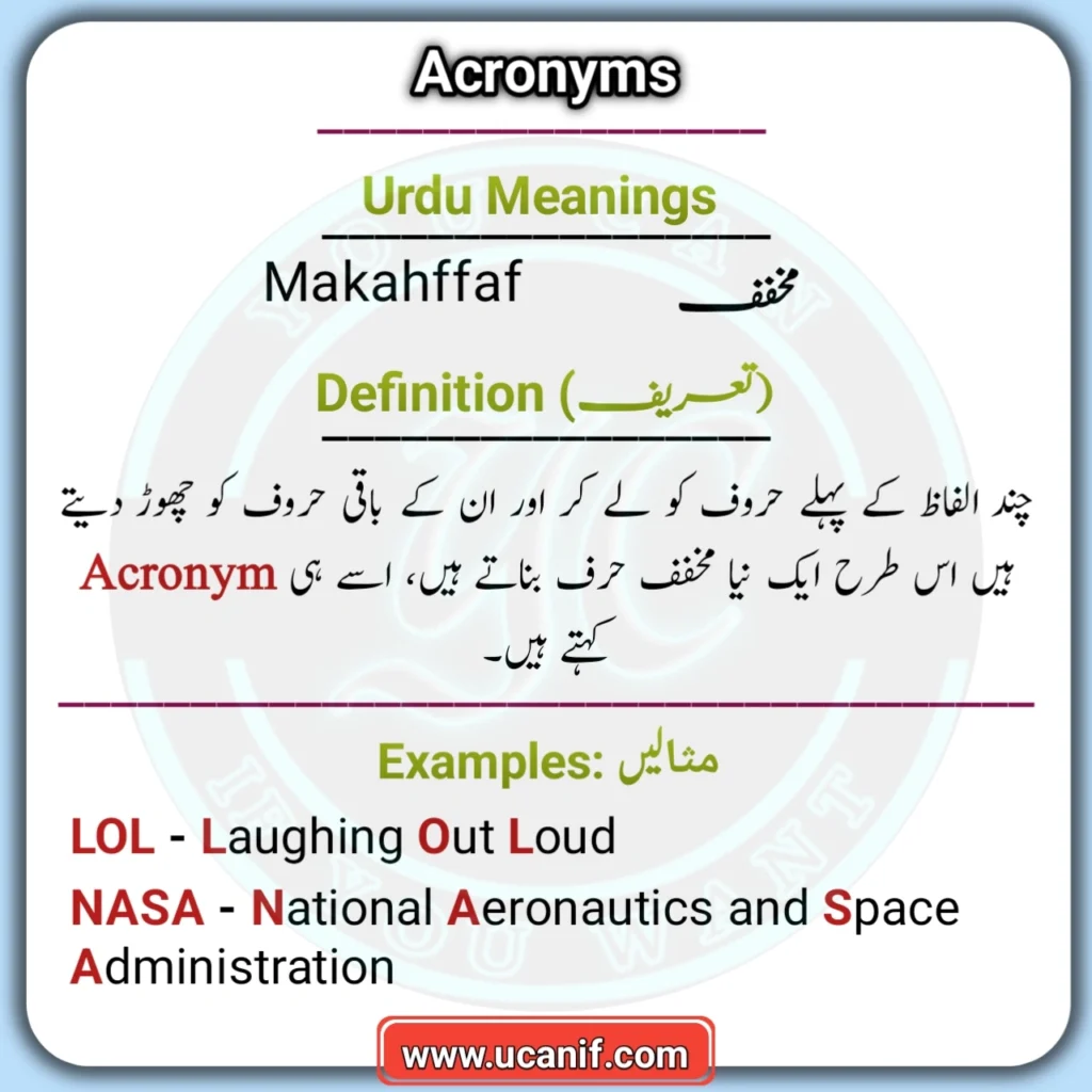 Acronym meaning in Urdu, Acronym in Urdu