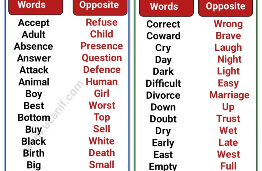 100 opposite words, 100 opposite words in english